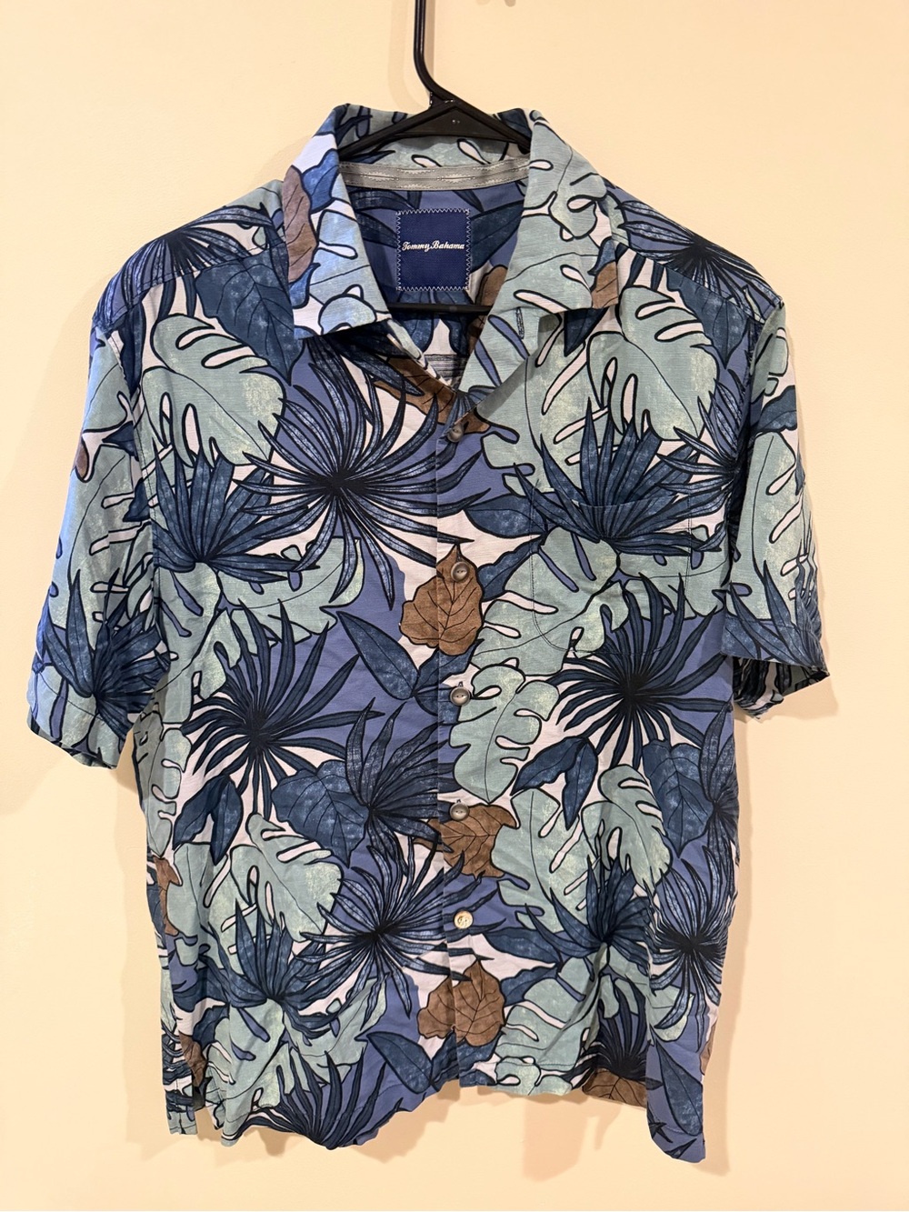 Tommy Bahama Blue and Brown Tropical Leaf Camp Shirt
